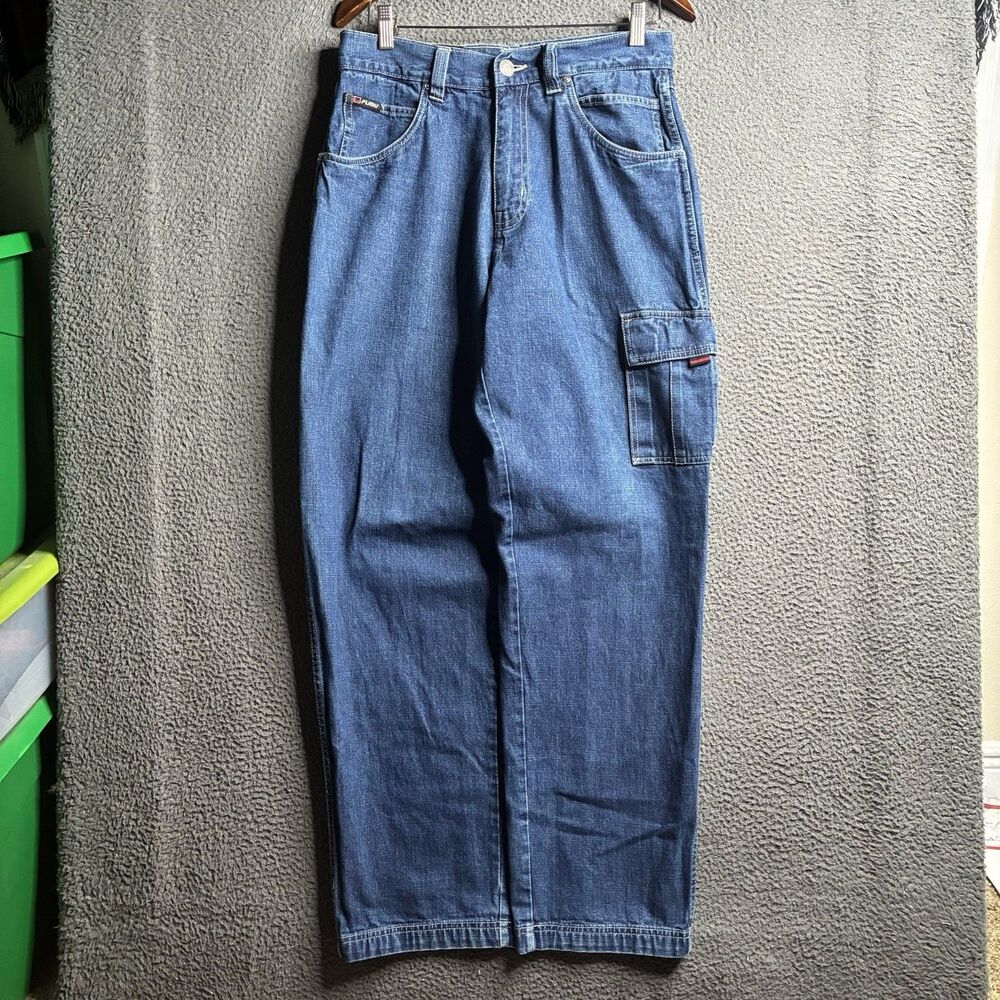 Vintage Y2K FUBU Cargo Jeans Mens 30x32 Blue Denim Relaxed Baggy Wide Leg Rap